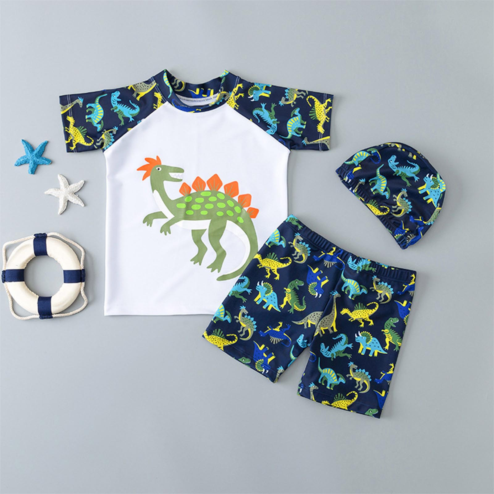 Cethrio Swimsuit Sets for Boys 2025, 3 Piece Swimwear Swim Shirts \u0026 Swim Trunks \u0026 Swim Caps Sets Blue Size 5-10 T